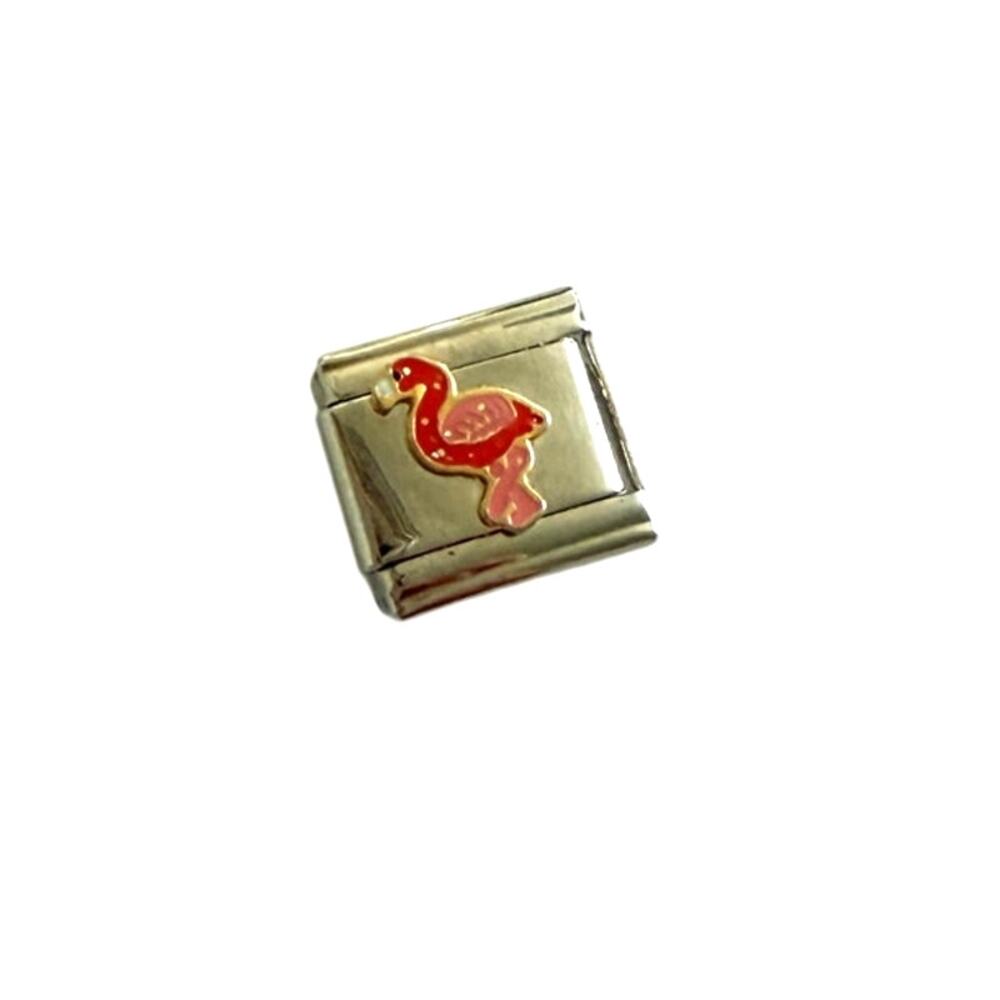 NWT 9mm Vintage Flamingo Pink Glitter Silver Stainless Steel Italian Charms